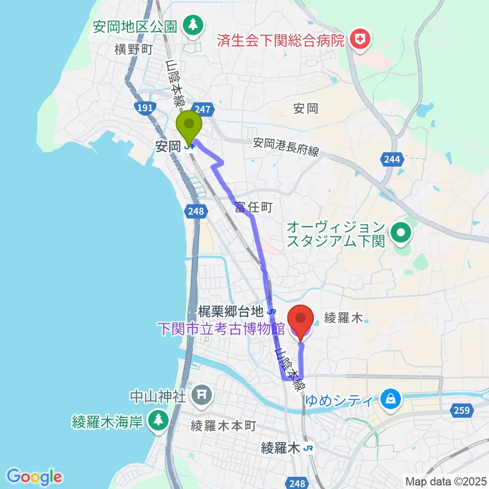 安岡駅から下関市立考古博物館へのルートマップ地図