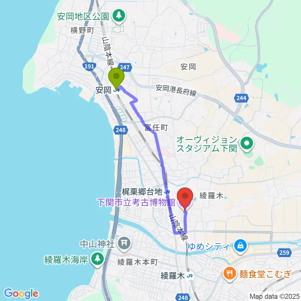 安岡駅から下関市立考古博物館へのルートマップ地図