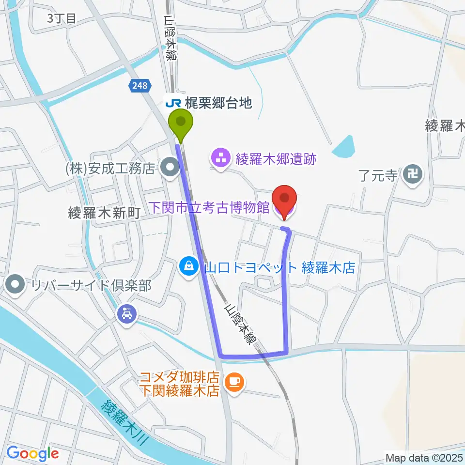 下関市立考古博物館の最寄駅梶栗郷台地駅からの徒歩ルート（約4分）地図