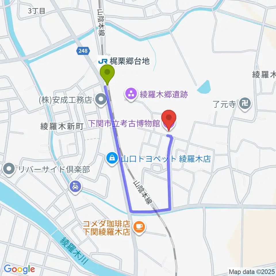 下関市立考古博物館の最寄駅梶栗郷台地駅からの徒歩ルート（約4分）地図