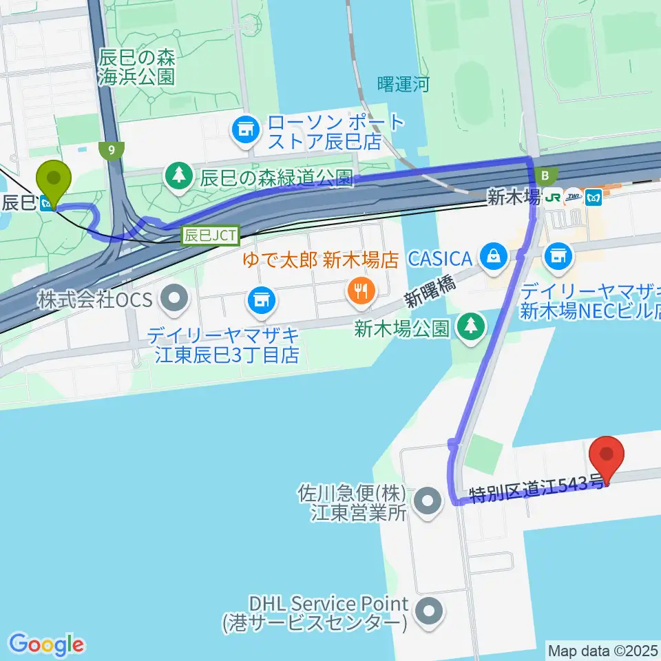辰巳駅からGARDEN 新木場 FACTORYへのルートマップ地図