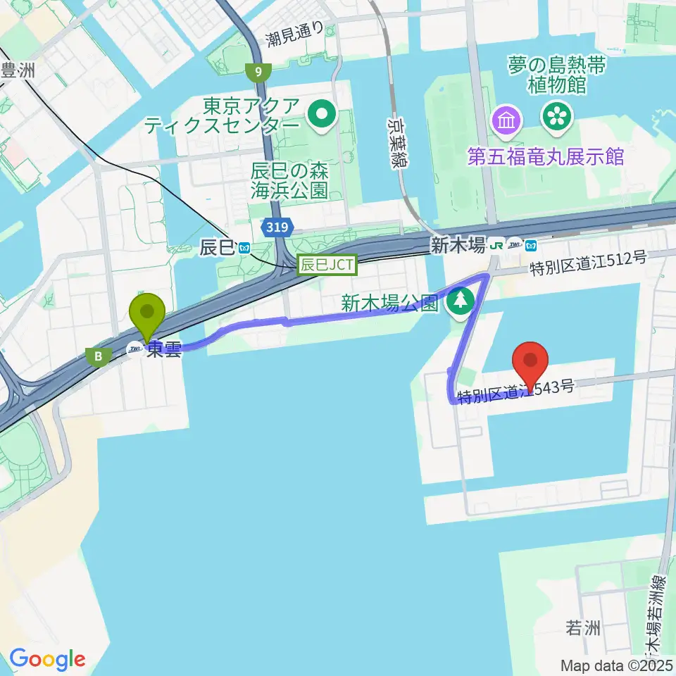 東雲駅からGARDEN 新木場 FACTORYへのルートマップ地図