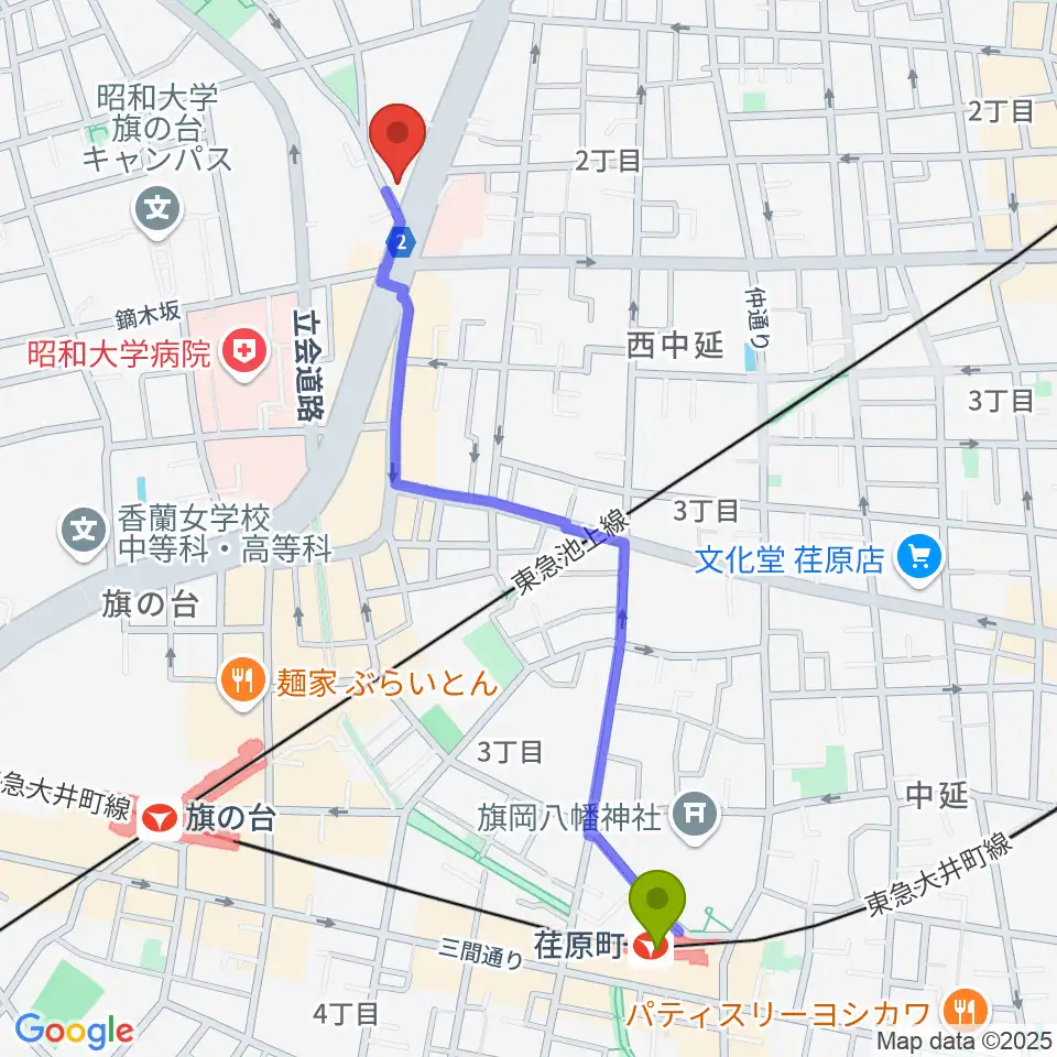 荏原町駅から上條ホールへのルートマップ地図