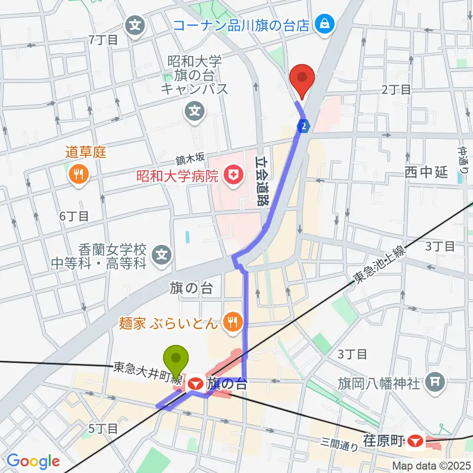 上條ホールの最寄駅旗の台駅からの徒歩ルート（約10分）地図