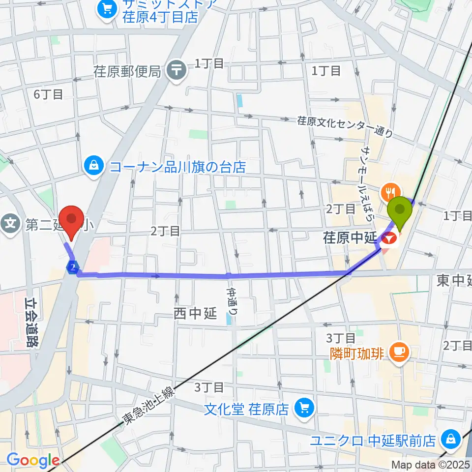 荏原中延駅から上條ホールへのルートマップ地図