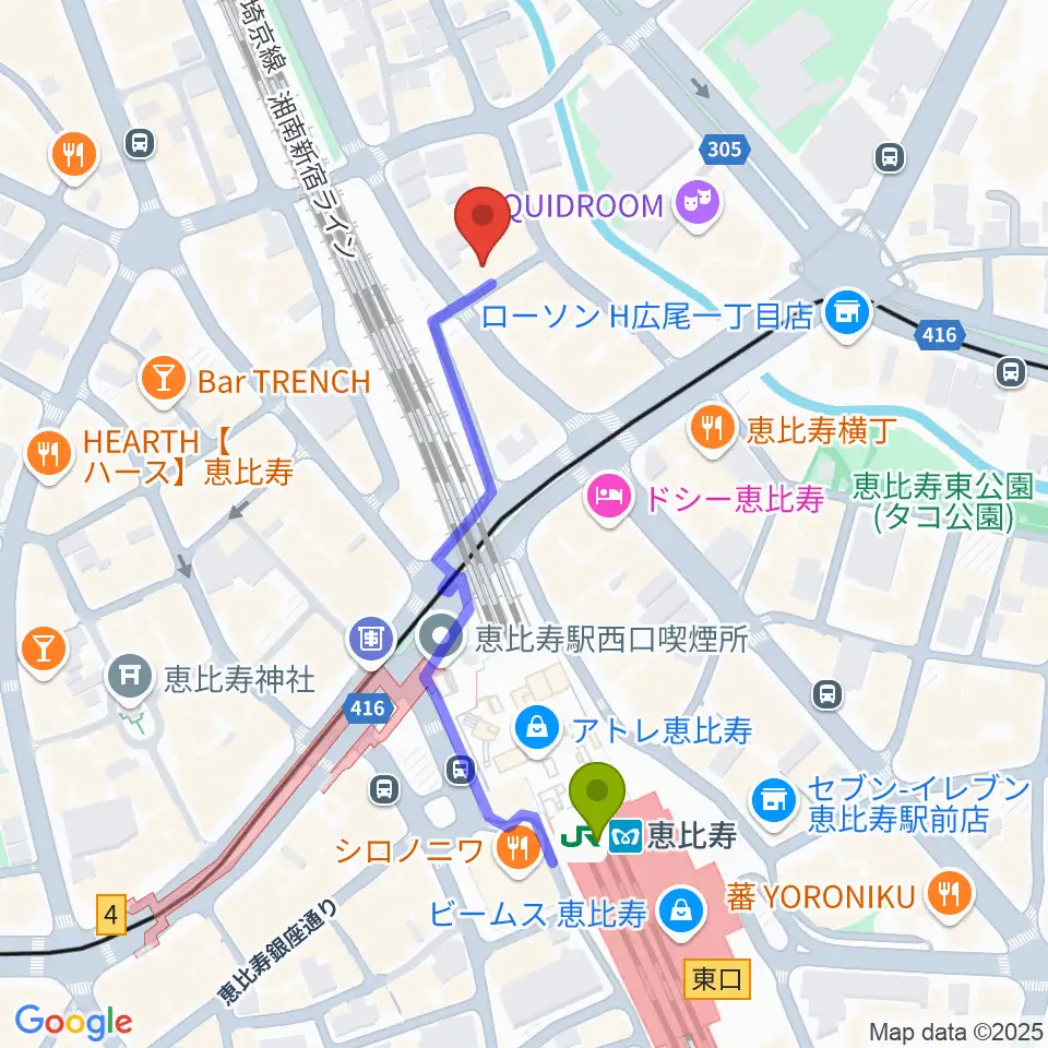 シアター・アルファ東京の最寄駅恵比寿駅からの徒歩ルート（約4分）地図