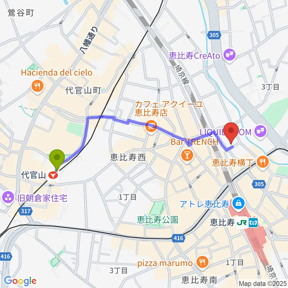 代官山駅からシアター・アルファ東京へのルートマップ地図
