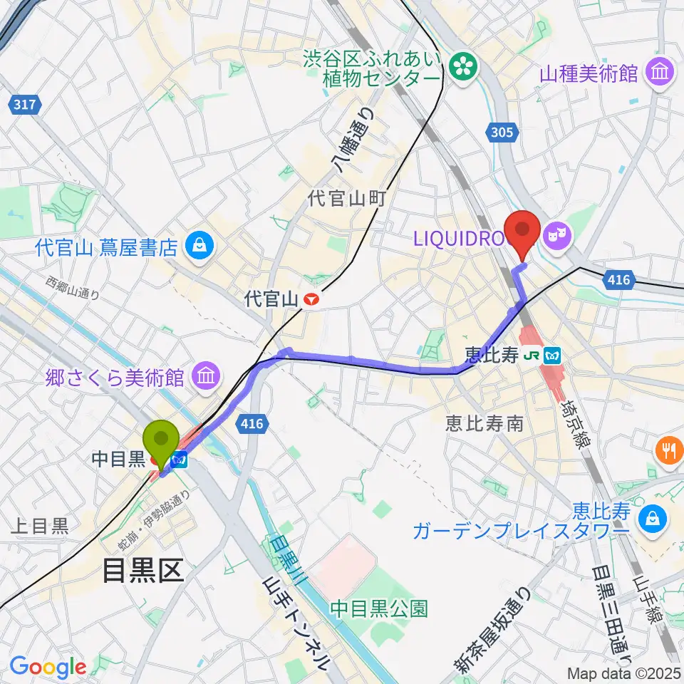 中目黒駅からシアター・アルファ東京へのルートマップ地図