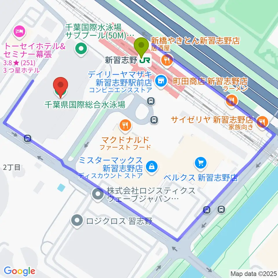 千葉県国際総合水泳場の最寄駅新習志野駅からの徒歩ルート（約3分）地図