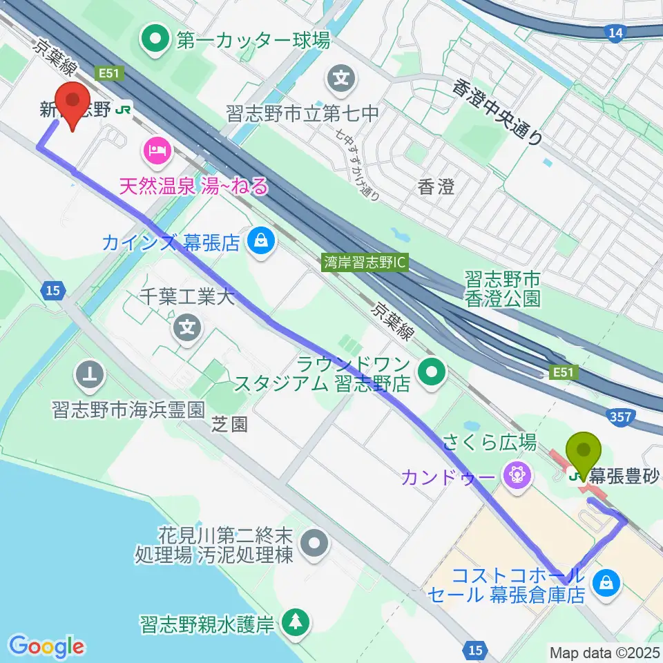 幕張豊砂駅から千葉県国際総合水泳場へのルートマップ地図