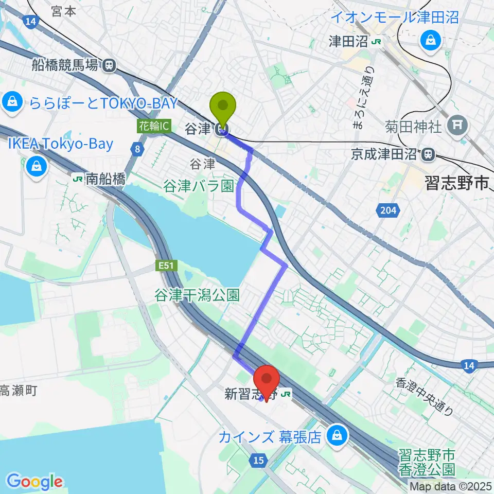 谷津駅から千葉県国際総合水泳場へのルートマップ地図