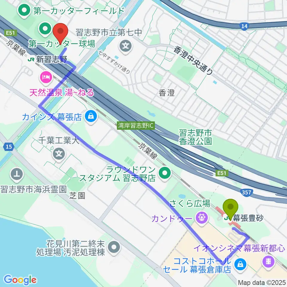 幕張豊砂駅から秋津公園多目的広場へのルートマップ地図