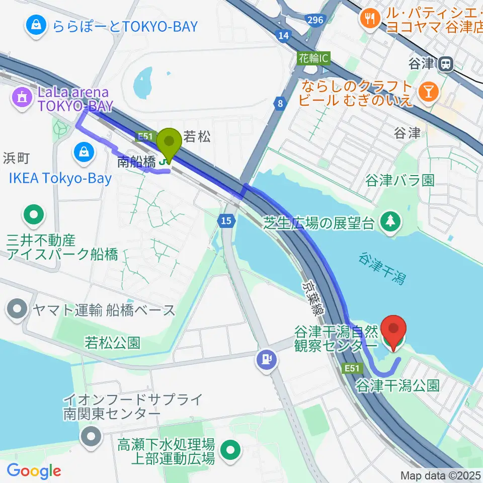 南船橋駅から谷津干潟自然観察センターへのルートマップ地図