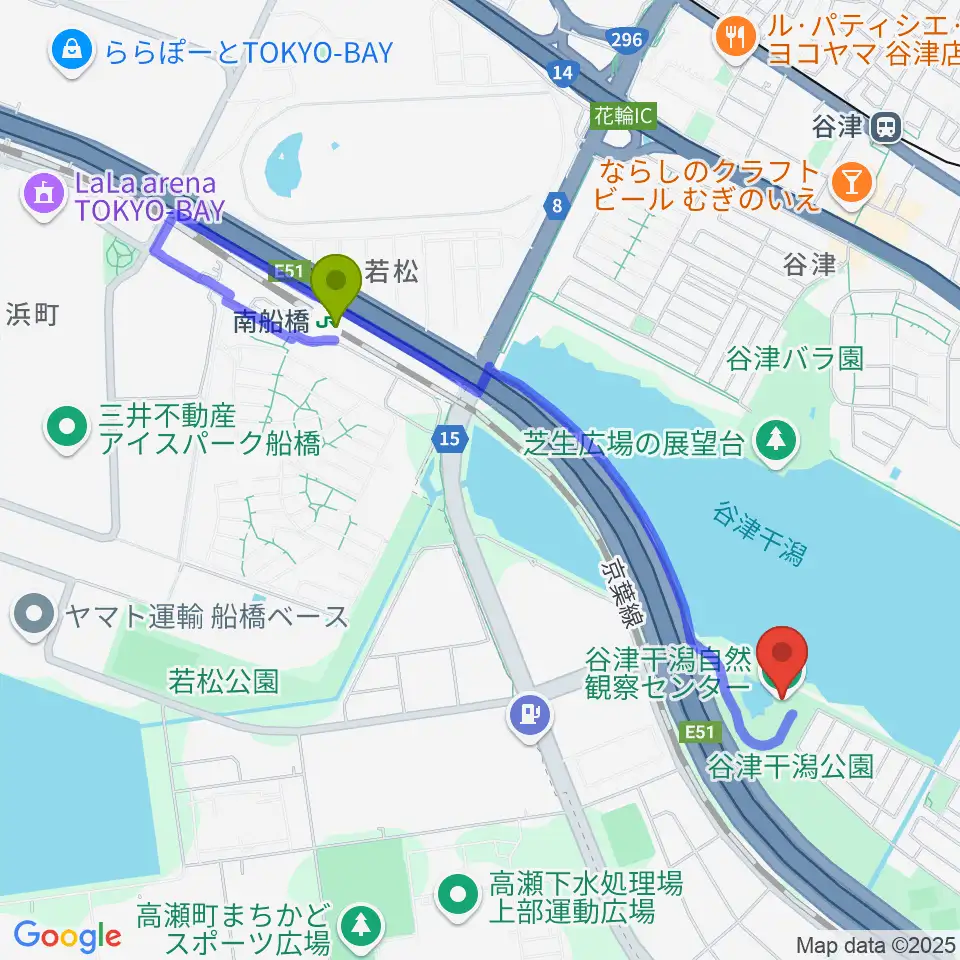南船橋駅から谷津干潟自然観察センターへのルートマップ地図