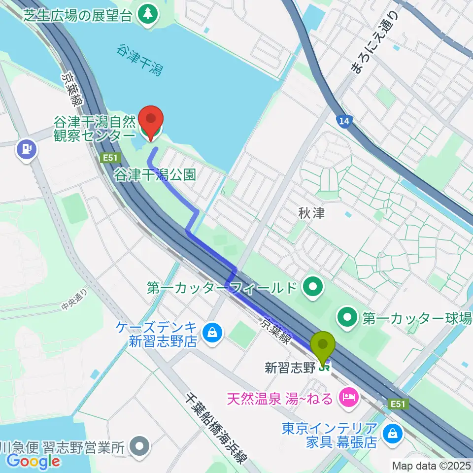 谷津干潟自然観察センターの最寄駅新習志野駅からの徒歩ルート（約19分）地図