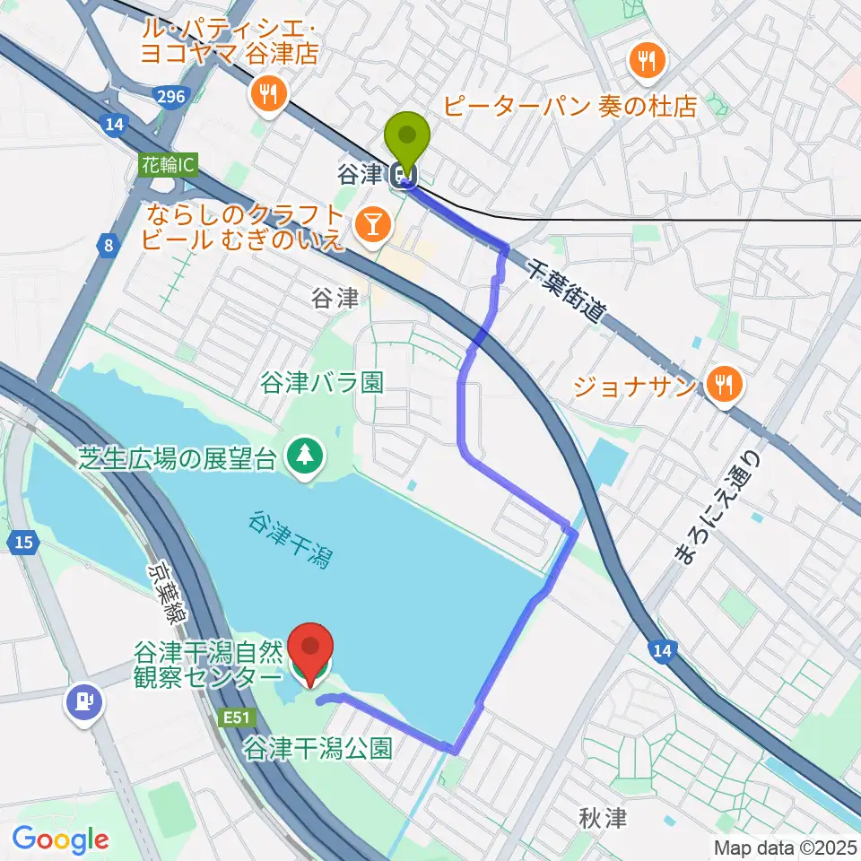 谷津駅から谷津干潟自然観察センターへのルートマップ地図