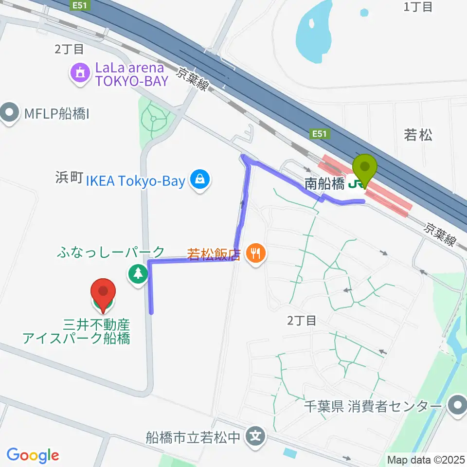 三井不動産アイスパーク船橋の最寄駅南船橋駅からの徒歩ルート（約10分）地図