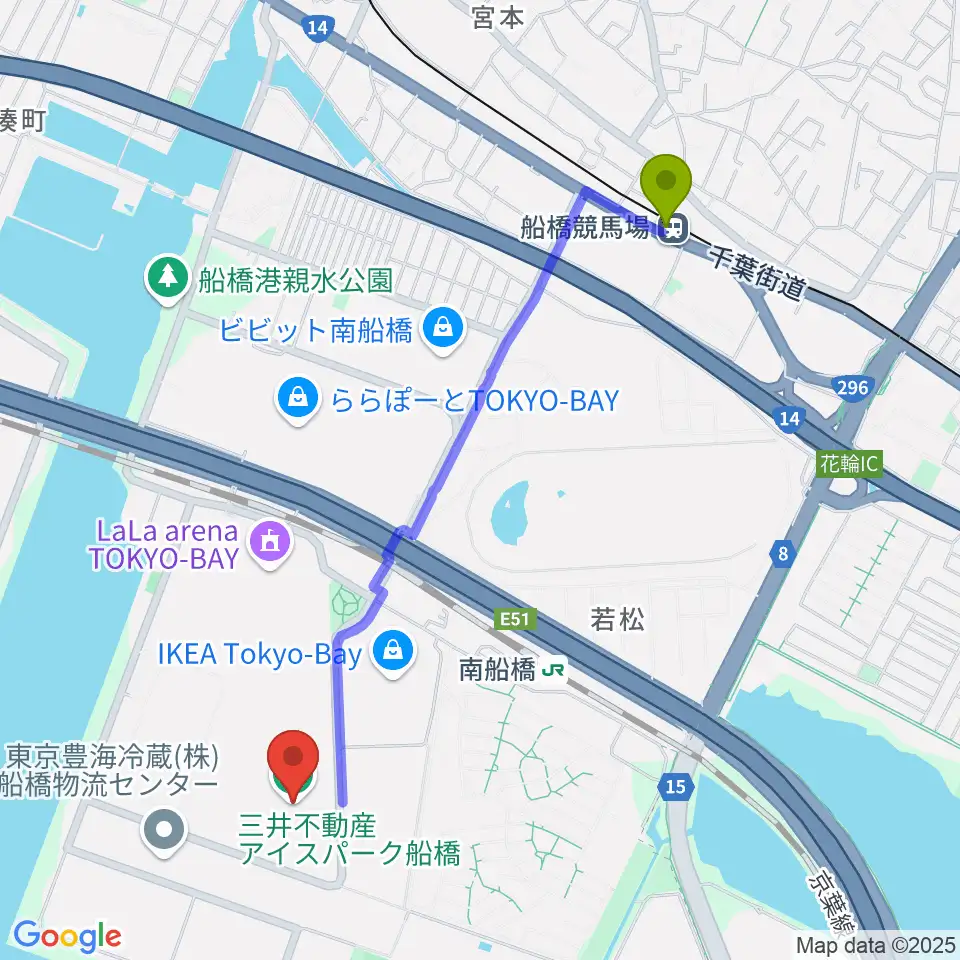 船橋競馬場駅から三井不動産アイスパーク船橋へのルートマップ地図