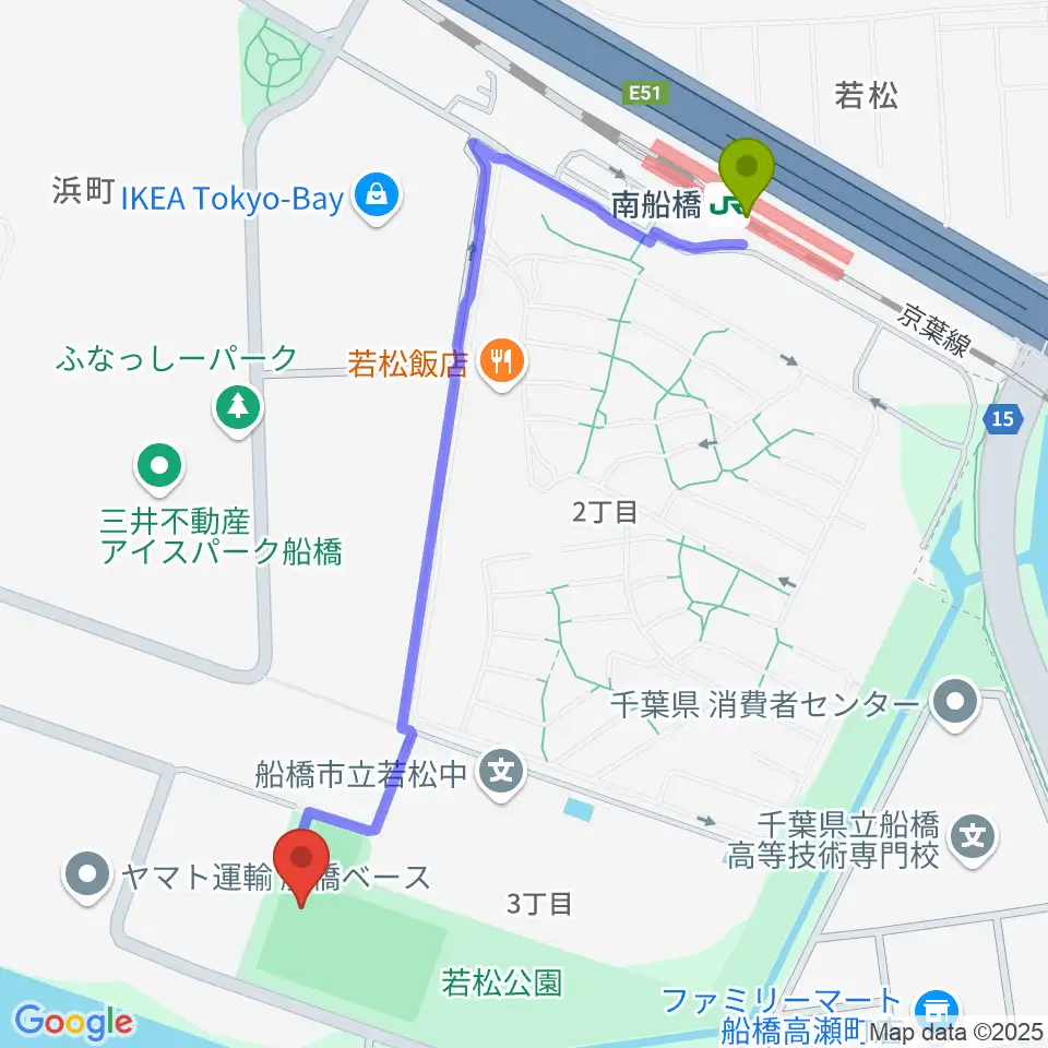 若松公園野球場の最寄駅南船橋駅からの徒歩ルート（約12分）地図