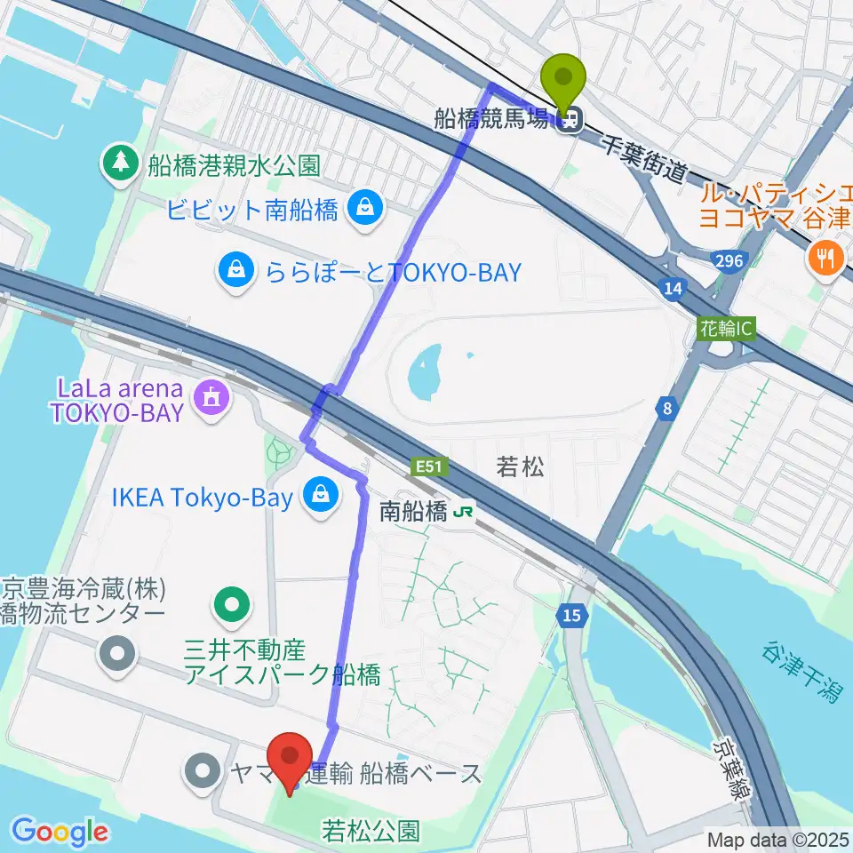 船橋競馬場駅から若松公園野球場へのルートマップ地図