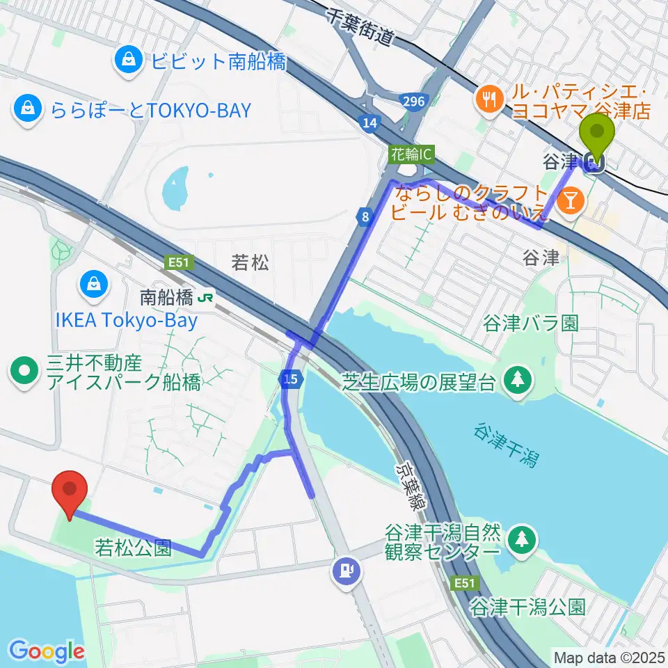 谷津駅から若松公園野球場へのルートマップ地図