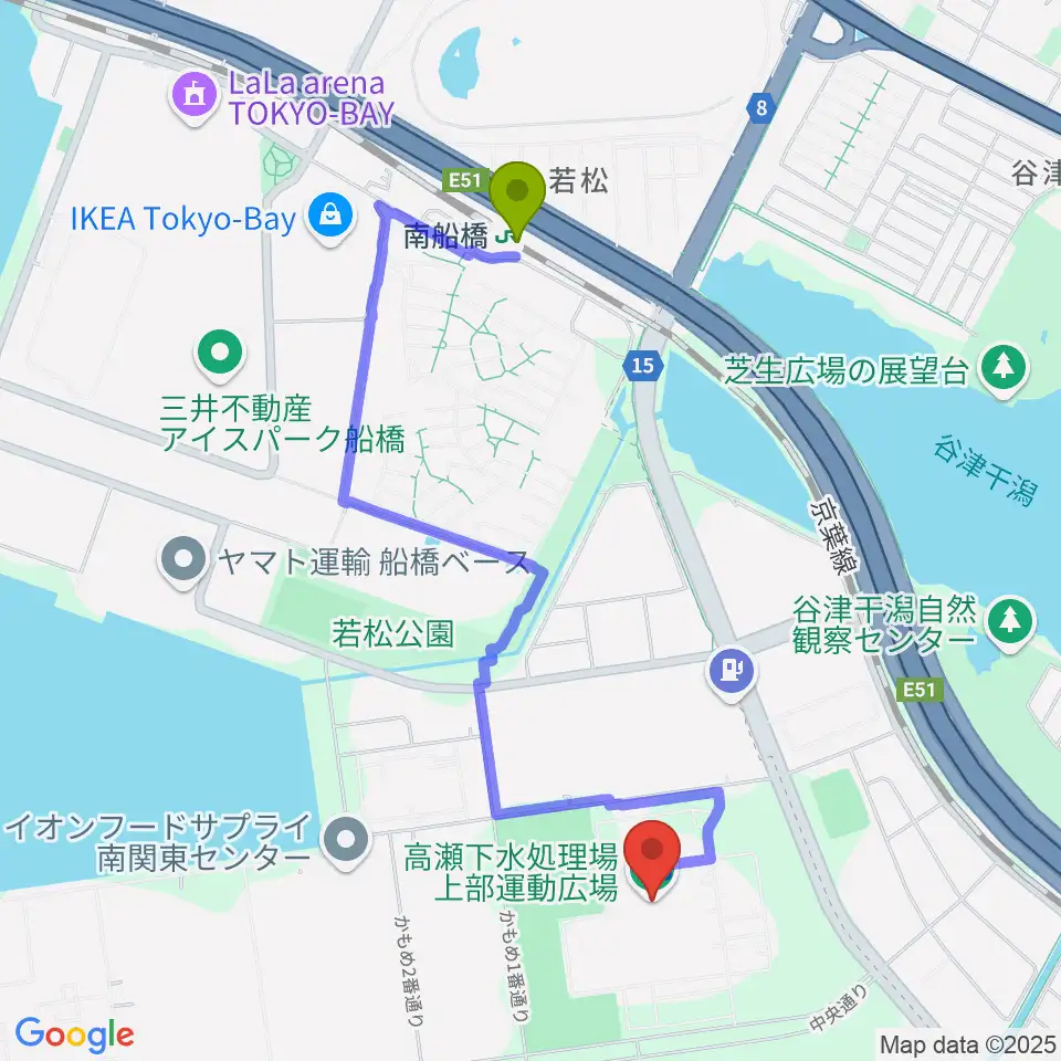 高瀬下水処理場上部運動広場の最寄駅南船橋駅からの徒歩ルート（約20分）地図