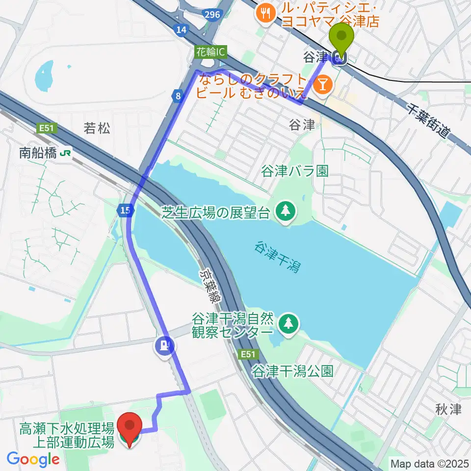 谷津駅から高瀬下水処理場上部運動広場へのルートマップ地図