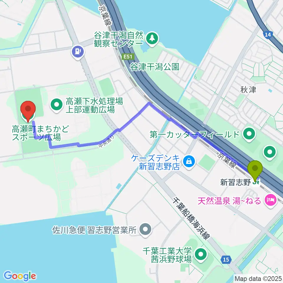 新習志野駅から高瀬町まちかどスポーツ広場へのルートマップ地図