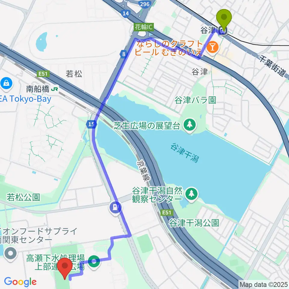 谷津駅から高瀬町まちかどスポーツ広場へのルートマップ地図
