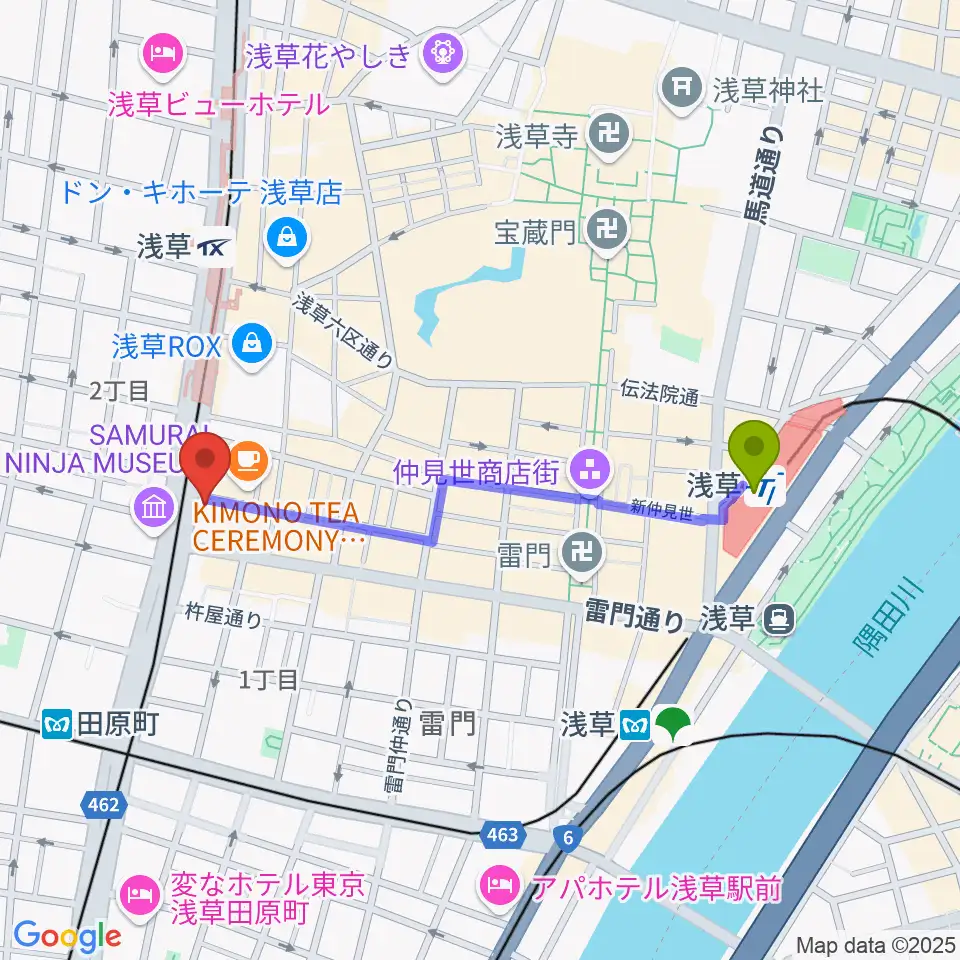 浅草駅からCREAM LIVE ASAKUSAへのルートマップ地図