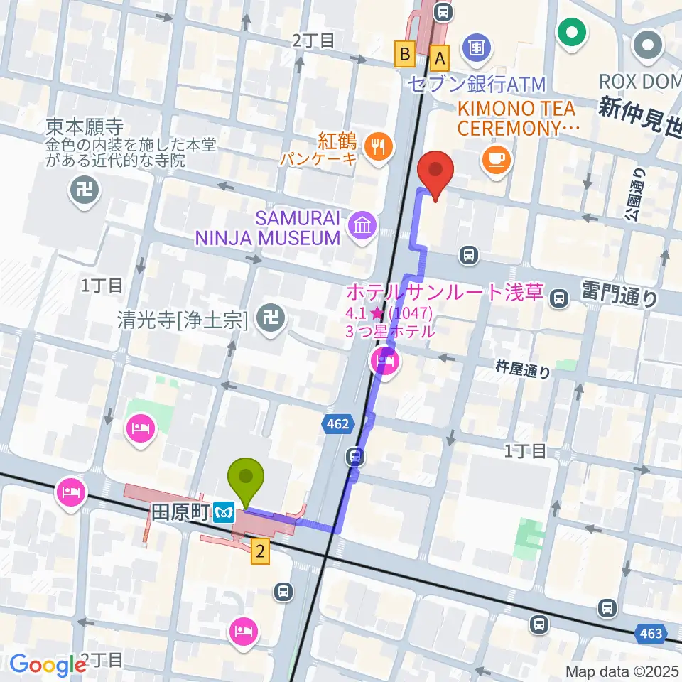 田原町駅からCREAM LIVE ASAKUSAへのルートマップ地図