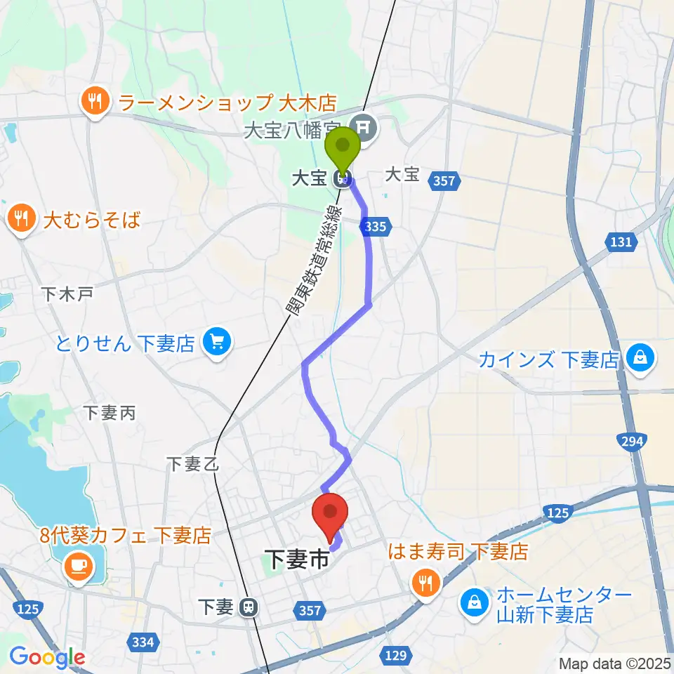 大宝駅からLIXIL下妻総合体育館へのルートマップ地図