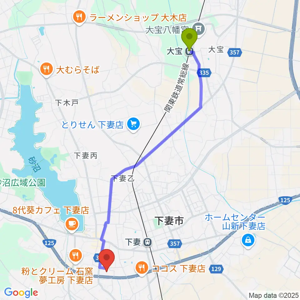大宝駅から粉クリ・ドームしもつまへのルートマップ地図