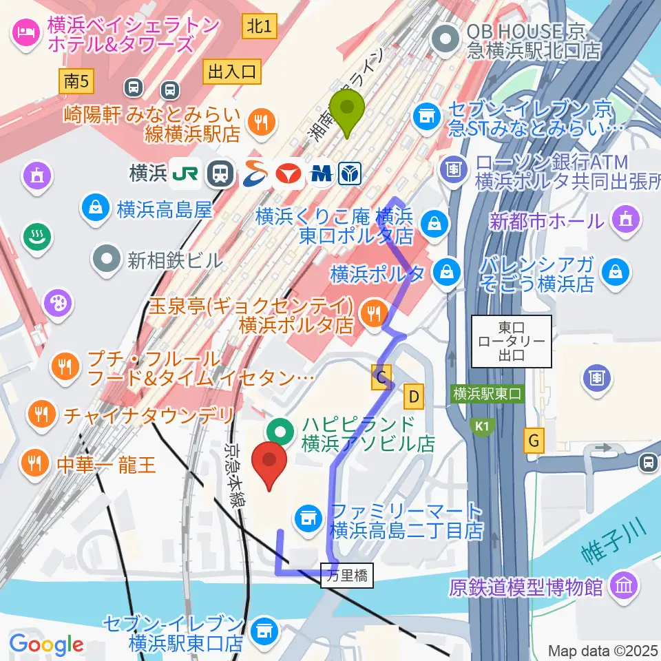 YOKOHAMA COAST garage+の最寄駅横浜駅からの徒歩ルート（約4分）地図