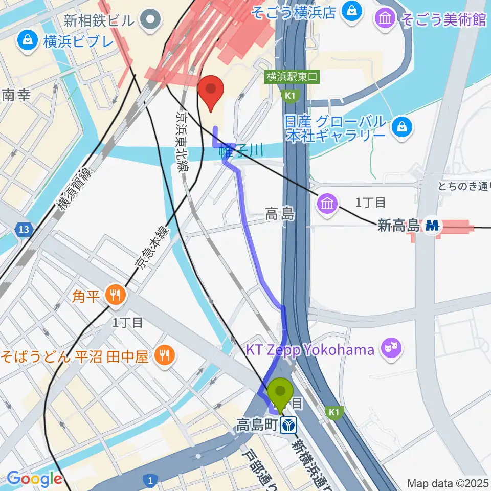 高島町駅からYOKOHAMA COAST garage+へのルートマップ地図