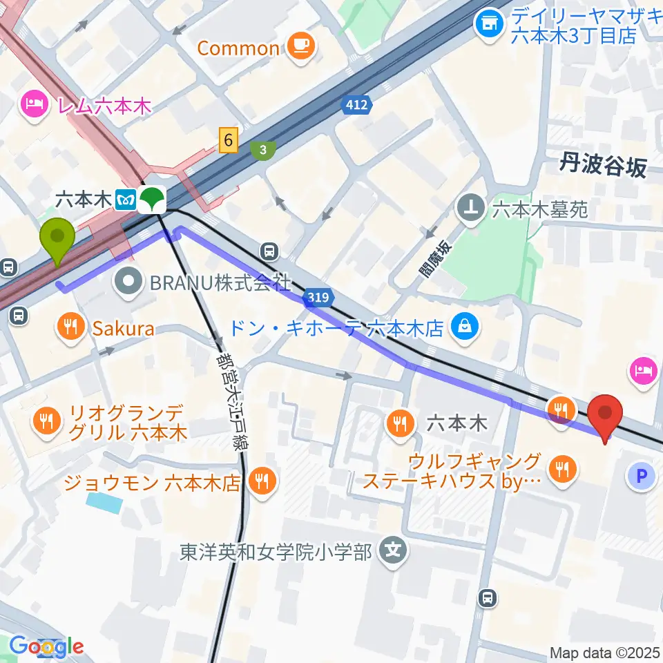 PLUSWIN HALL 六本木の最寄駅六本木駅からの徒歩ルート（約7分）地図