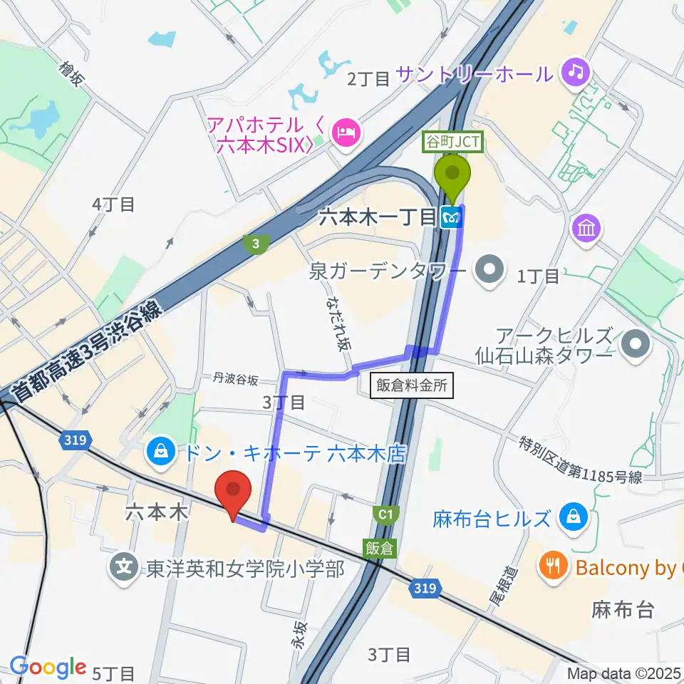 六本木一丁目駅からPLUSWIN HALL 六本木へのルートマップ地図