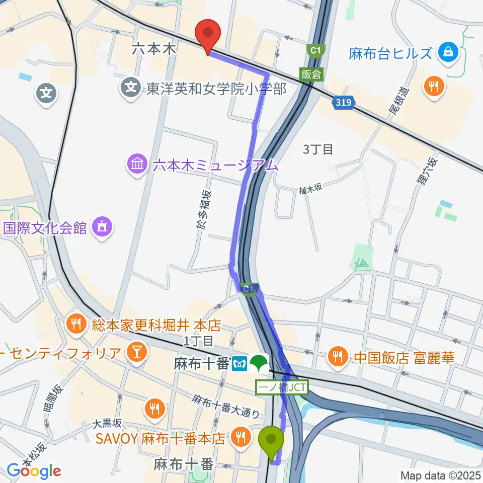 麻布十番駅からPLUSWIN HALL 六本木へのルートマップ地図
