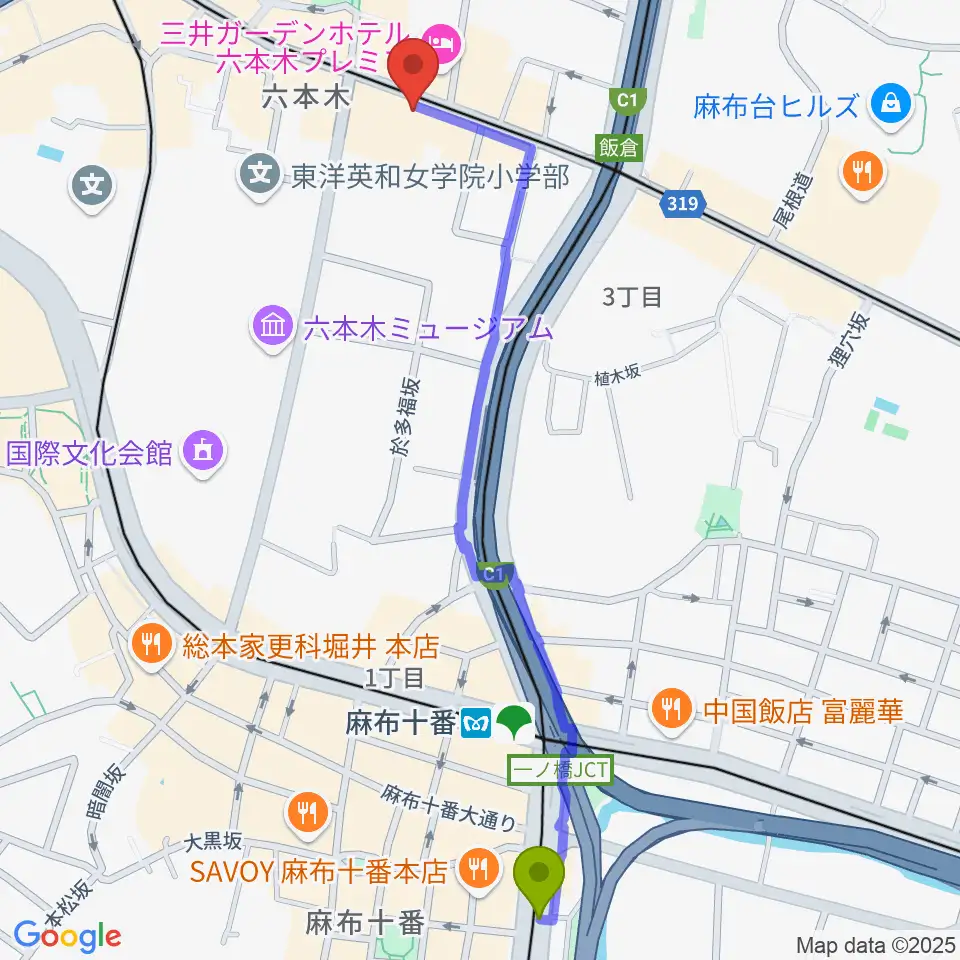 麻布十番駅からPLUSWIN HALL 六本木へのルートマップ地図