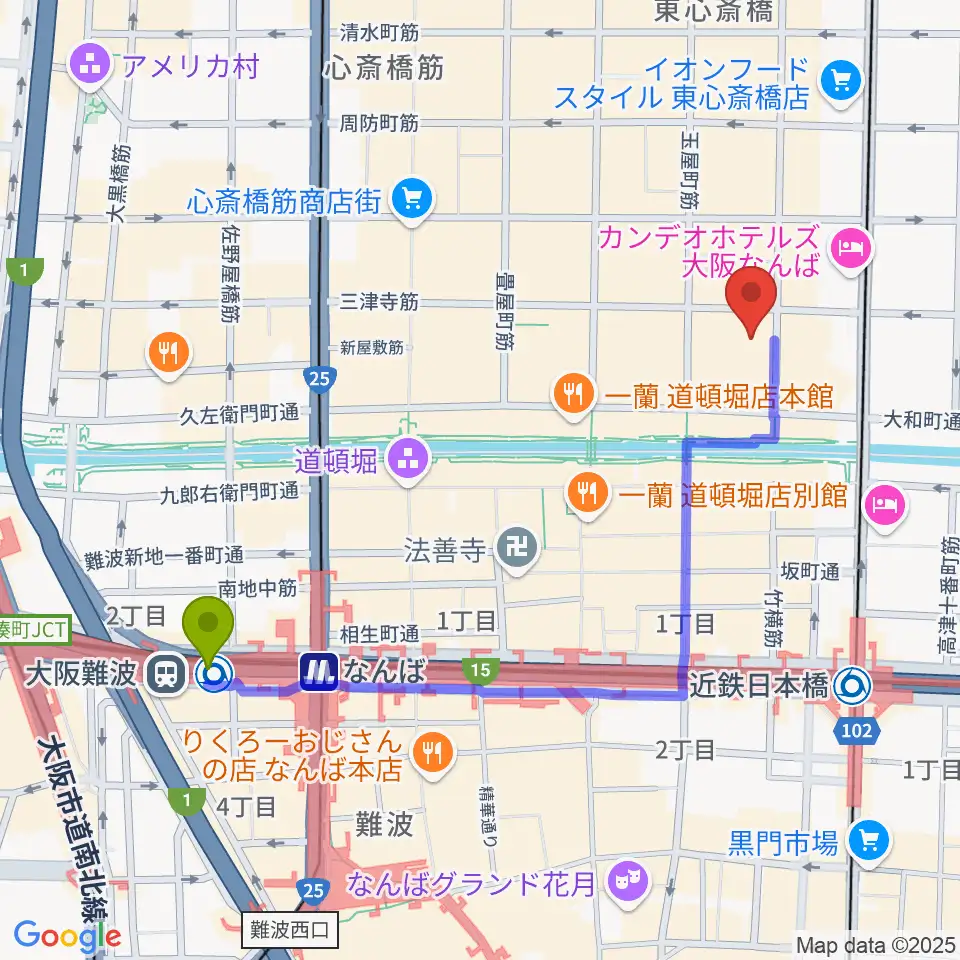 大阪難波駅からPLUSWIN HALL 大阪へのルートマップ地図