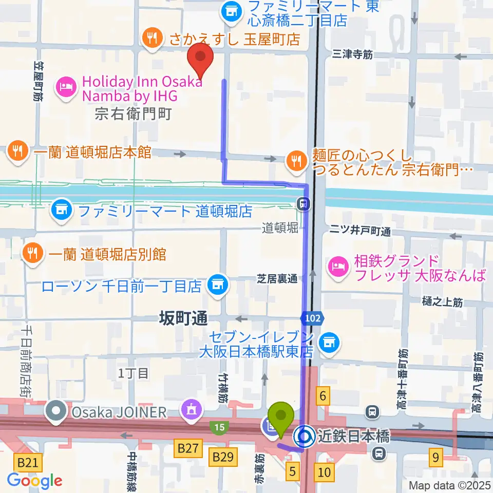 PLUSWIN HALL 大阪の最寄駅近鉄日本橋駅からの徒歩ルート（約6分）地図