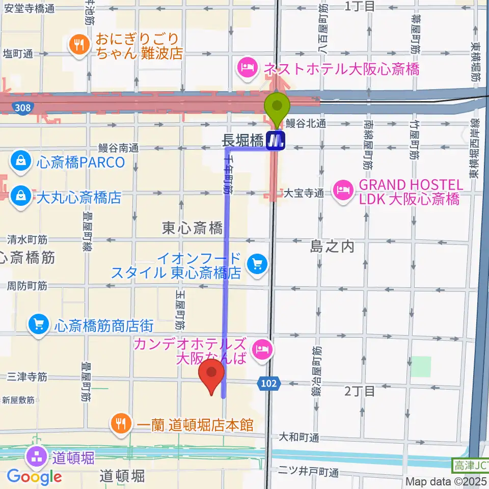 長堀橋駅からPLUSWIN HALL 大阪へのルートマップ地図