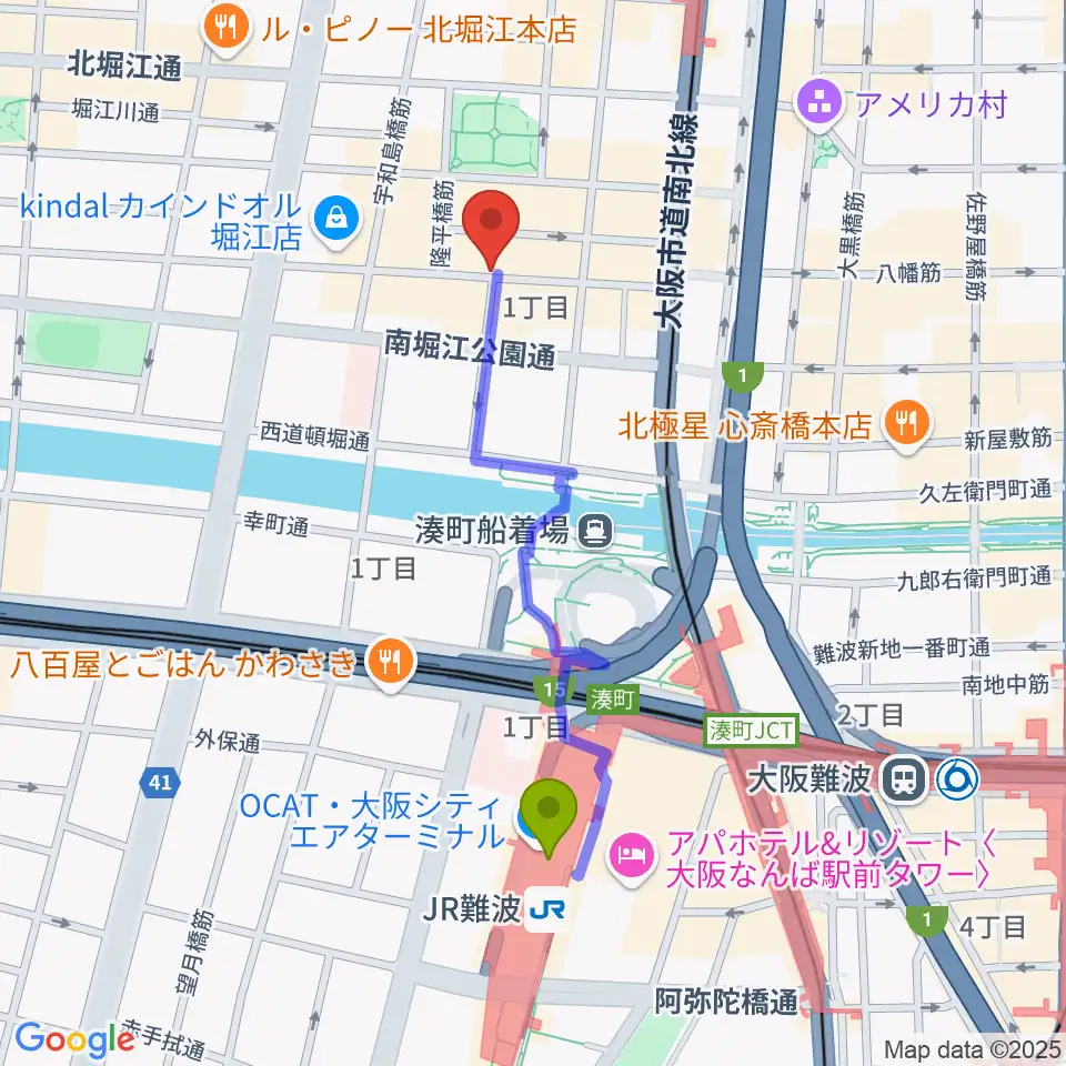 ＪＲ難波駅からPLUSWIN HALL 南堀江へのルートマップ地図
