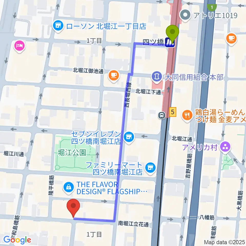 PLUSWIN HALL 南堀江の最寄駅四ツ橋駅からの徒歩ルート（約6分）地図