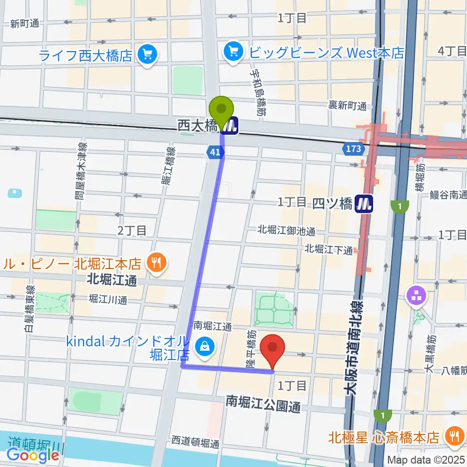 西大橋駅からPLUSWIN HALL 南堀江へのルートマップ地図