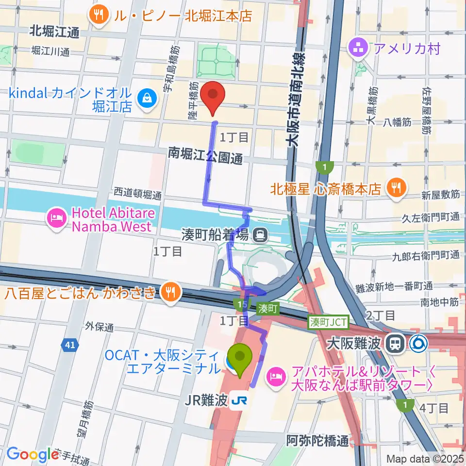 ＪＲ難波駅からPLUSWIN HALL ビレボアへのルートマップ地図