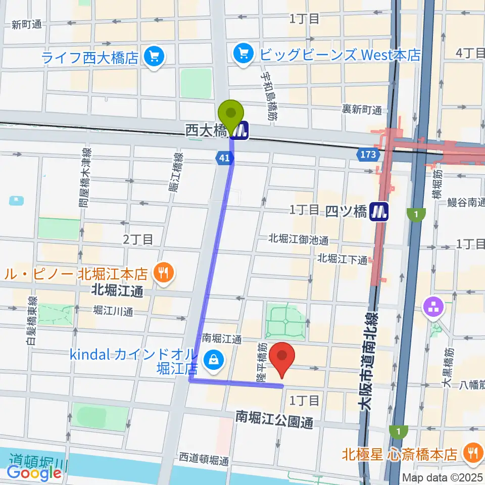 西大橋駅からPLUSWIN HALL ビレボアへのルートマップ地図