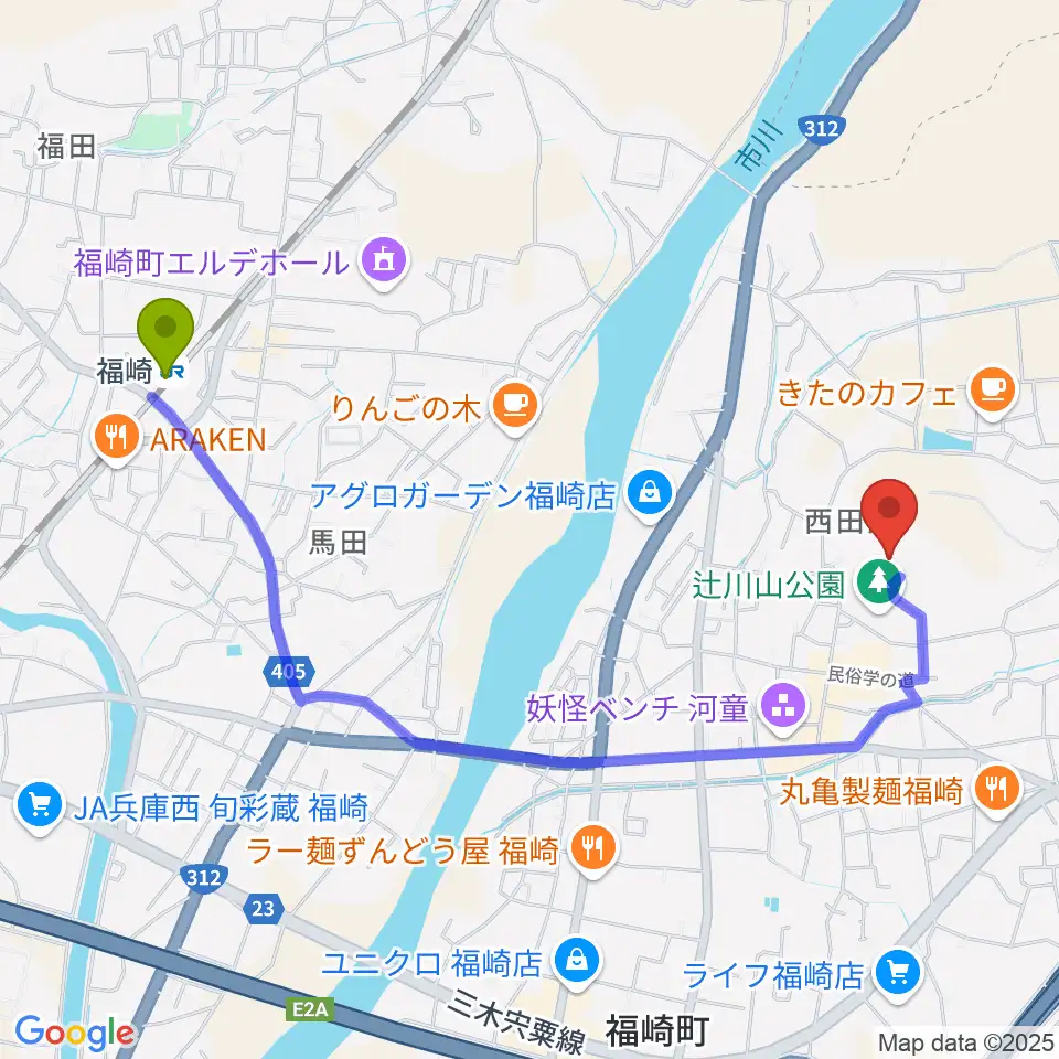福崎町立柳田國男・松岡家記念館の最寄駅福崎駅からの徒歩ルート（約22分）地図