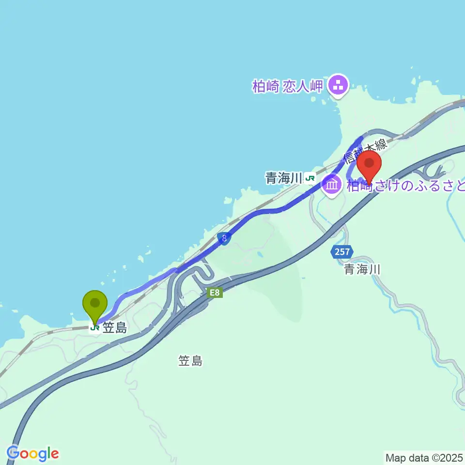 笠島駅から柏崎コレクションビレッジへのルートマップ地図