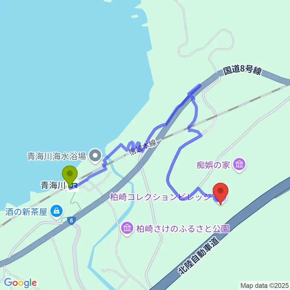 柏崎コレクションビレッジの最寄駅青海川駅からの徒歩ルート（約8分）地図